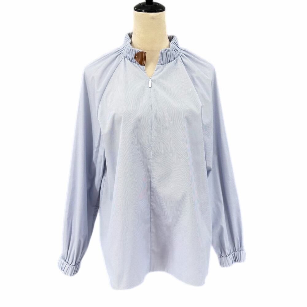 Tibi Blue White Thin Stripe Long Sleeve Zip Neck Collarless Poplin Career Top